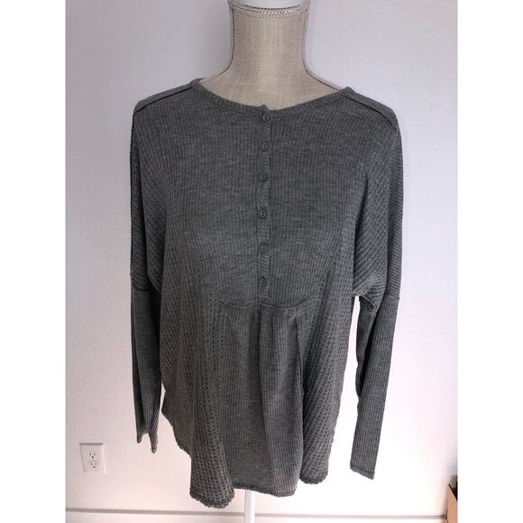 Gibson Look Gray Dolman Mixed Rib Waffle Knit Henley Top - S - Picture 2 of 6
